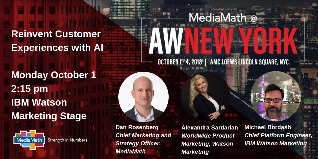 mediamath's tweet photo. It’s officially #AWNewYork, and we’re kicking off a week of panels + events w/today’s @IBMforMarketing session at 2:15. Our CMO/CSO @danr917 will be speaking w/IBM execs about how #marketers can use #AI to better understand customer needs: https://t.co/jdWhLa8sdA @advertisingweek https://t.co/ptoxoVjSjc