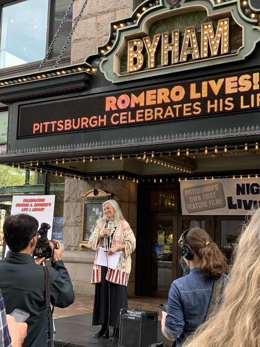 molly_allwein's tweet photo. The #RomeroLives press conference is happening now! I’m standing outside of the Byham Theater where Night of the Living Dead was first shown 50 years ago to the day! What a legacy! https://t.co/ANqb4BXhvv