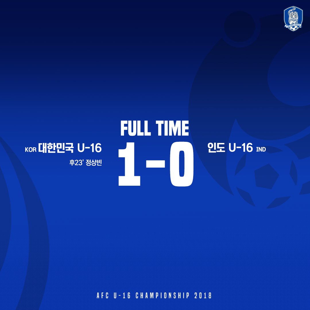 theKFA's tweet photo. [FT] 대한민국🇰🇷 1-0 🇮🇳인도
예선 무실점을 기록한 인도였던만큼 막강한 수비였습니다. 
하지만 이겨냈습니다. 대한민국 4강에 진출합니다!
아울러 '2019 FIFA U-17 월드컵' 본선 진출에 성공합니다!

2018 AFC U-16 챔피언십 ⚽4강전
10.04(목) 21:45 🇰🇷 vs. 🇹🇯타지키스탄  📺 중계 추후 공지 https://t.co/wEYPuNGwv2