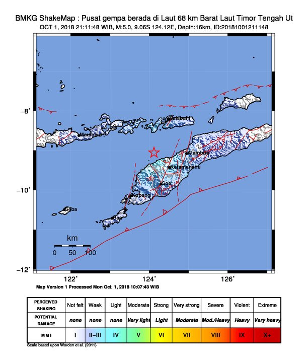 infoBMKG's tweet photo. #Gempa Mag:5.0, 01-Okt-18 21:11:48 WIB, Lok:9.06 LS, 124.12 BT (Pusat gempa berada di Laut 68 km Barat Laut Timor Tengah Ut), Kedlmn:16 Km Dirasakan (MMI) III Kalabahi, II Lembata #BMKG https://t.co/6OuRiytXBw