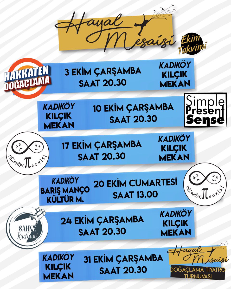 sozkadinin's tweet photo. Ekim ayında neredeyiz ne yapıyoruz diye merak edenlere dev hizmet!

Sezonu @kilcikmekan 'da açıyor ve sonrasında da @stageinistanbul fuarına bünyesinde bulunduğumuz @hayalmesaisi' nin standında yer alıyoruz. Herkesi bekleriz ❤️ https://t.co/hk8UTyg1pE