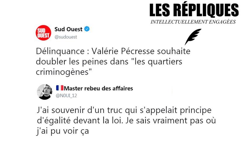 Les_Repliques's tweet photo. La présidente de la région Île-de-France @vpecresse s’est prononcée en faveur du "doublement des peines pour les crimes commis dans les quartiers les plus criminogènes"

@N0UI_12 https://t.co/xbq3QAfKta