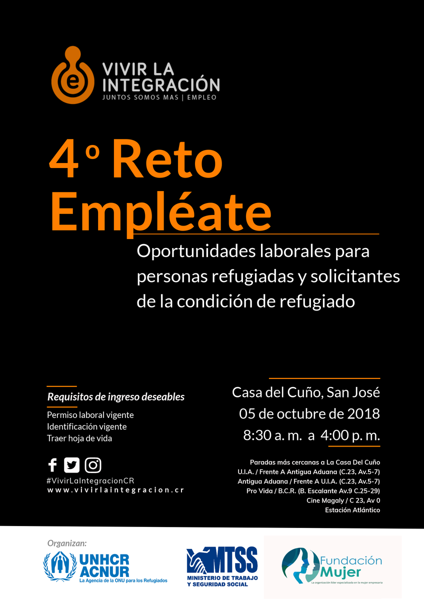 IrvingAP2's tweet photo. .@ACNURamericas, Fundación Mujer y el @MTSS_CR organizan el próximo viernes en La Casa del Cuño de San José el cuarto #RetoEmpleate con el objetivo de dar oportunidades laborales para personas refugiadas y solicitantes de la condición de refugiado #VivirLaIntegracionCR #RefugioCR https://t.co/z96iG8uWrq