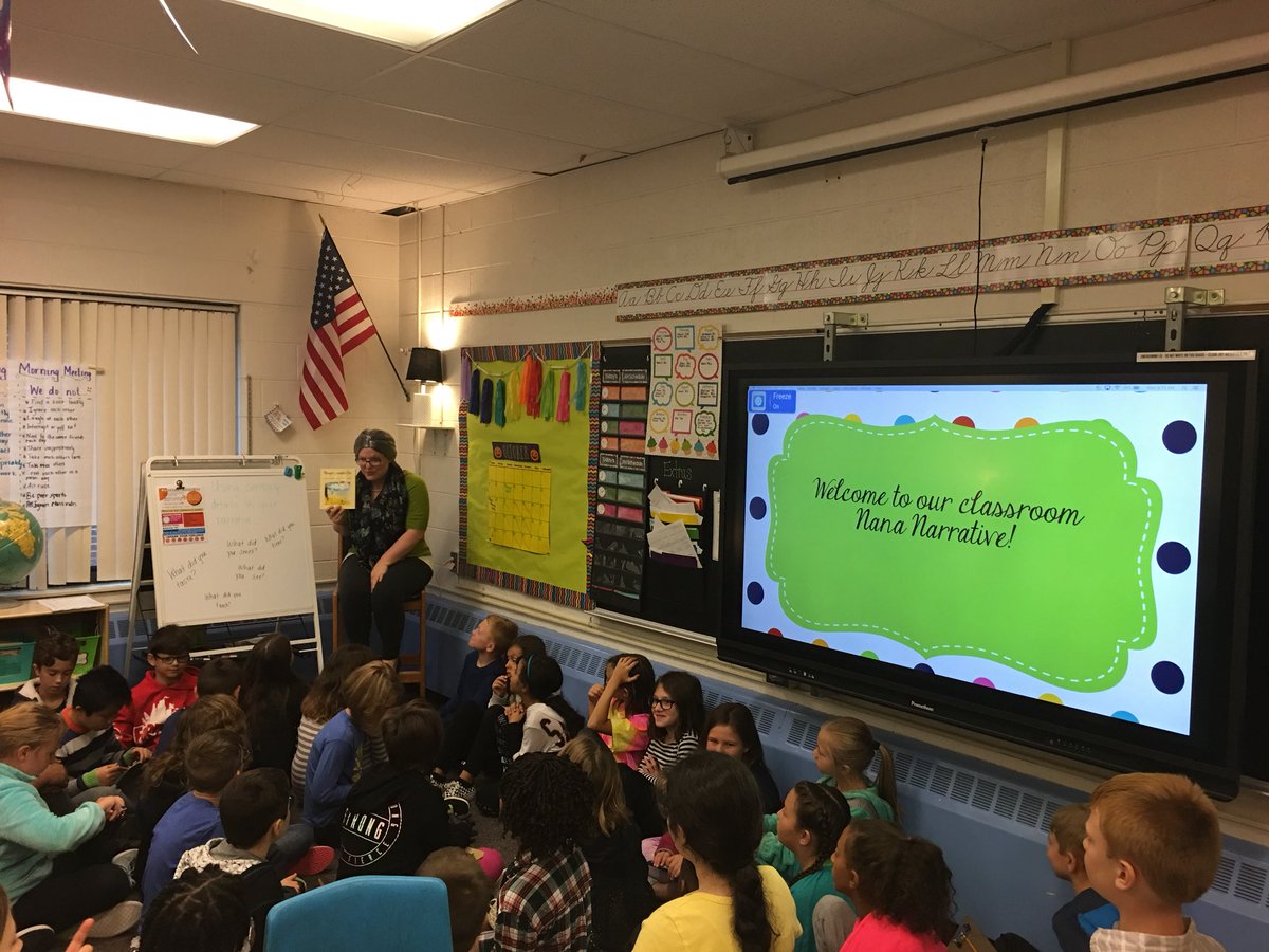Ms_Strahan's tweet photo. “Nana Narrative” came to teach our 4th graders about using sensory details in their writing! She left them with this message: “Show, not tell.” #TLAP https://t.co/x5JKk54kvw