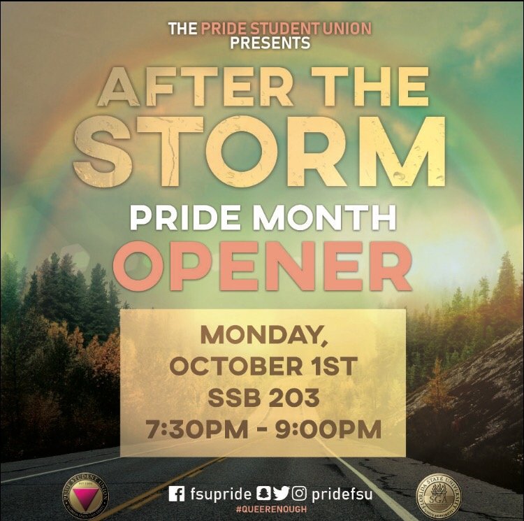 What's better than pumpkin spice lattes and a cool breeze? 🌬Pride Month! Learn what Pride Month is all about at our first After the Storm🌪🌤event on Monday, October 1 from 7:30 to 9 pm in student services building 203. There's really no better start to fall than Pride Month!🌈