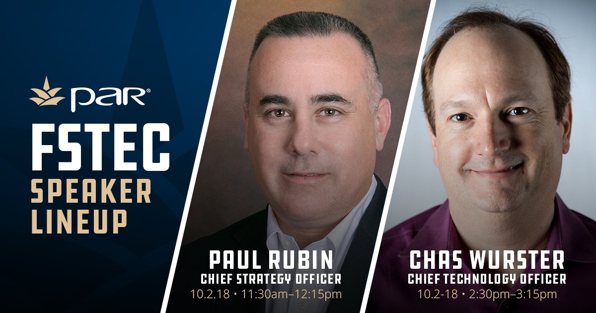 PAR_Tech's tweet image. We have two education workshops tomorrow at #FSTEC2018 that you won't want to miss!

11:30am – 12:15pm
A Journey in Service: Building Solutions for Success
Paul Rubin, Chief Strategy Officer

2:30pm – 3:15pm
Set the Table for Success
Chas Wurster, Chief Technology Officer