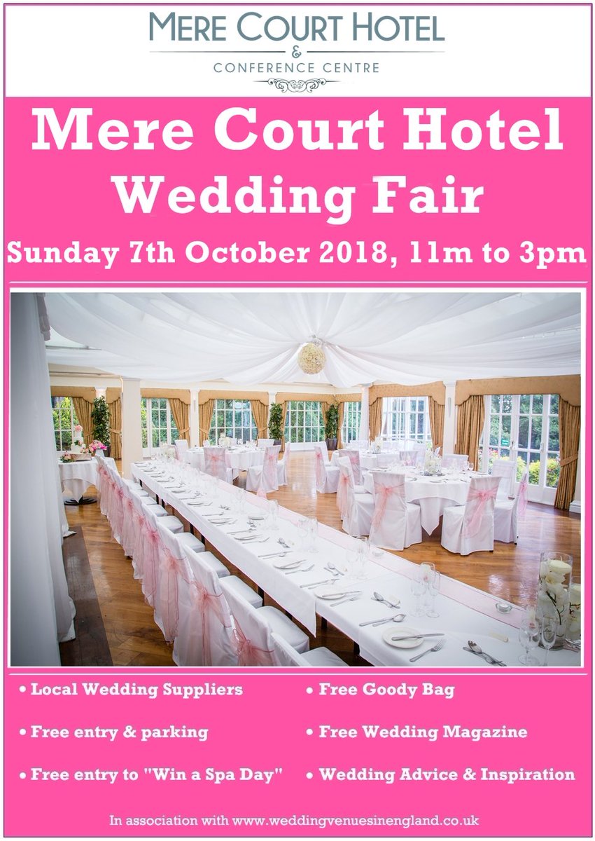 The Mere Court Hotel Wedding Fair This Sunday

Sunday 7th Oct
11am – 3pm
Free entry/parking
Goody Bag
Wedding Ideas &amp; Inspiration 
Local Suppliers &amp; Offers
Exhibitors: 20-30
Chance to "Win a Hen Spa Package"

weddingvenuesinengland.co.uk/wedding-fayre/…

#northwich #warrington #runcorn #bridestobe