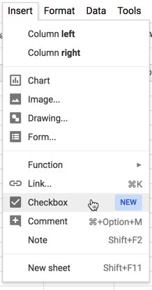 In #googleSheets use the Insert menu to insert checkboxes.   

#googleEDU