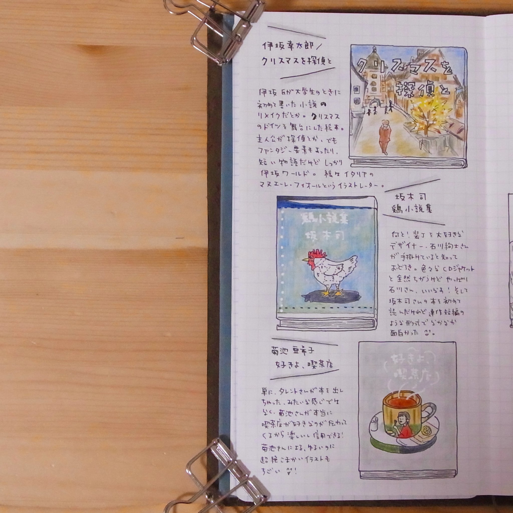 Maki 今まで読書記録のスケッチは手帳の空きスペースに落書き程度に描いてましたが 今回は着色してみたくなりこんな感じに 伊坂幸太郎の絵本とか 石川絢士さん装丁の坂木司さんの小説とか 菊池亜希子さんの喫茶店の本とか トラベラーズノート 絵日記