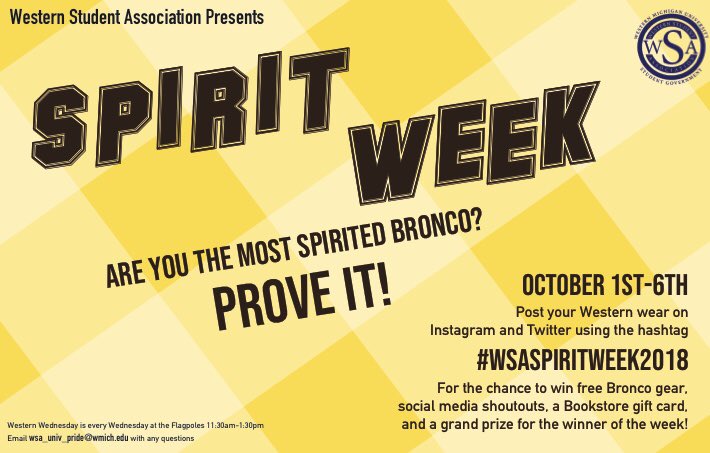 laurenvsmiith's tweet photo. Hey #WMU this is all you! Post you and your Western gear all week on Twitter and Insta for the chance to win free stuff! Happy Homecoming, Broncos! #WSASpiritWeek2018 https://t.co/0MFUKAH26M