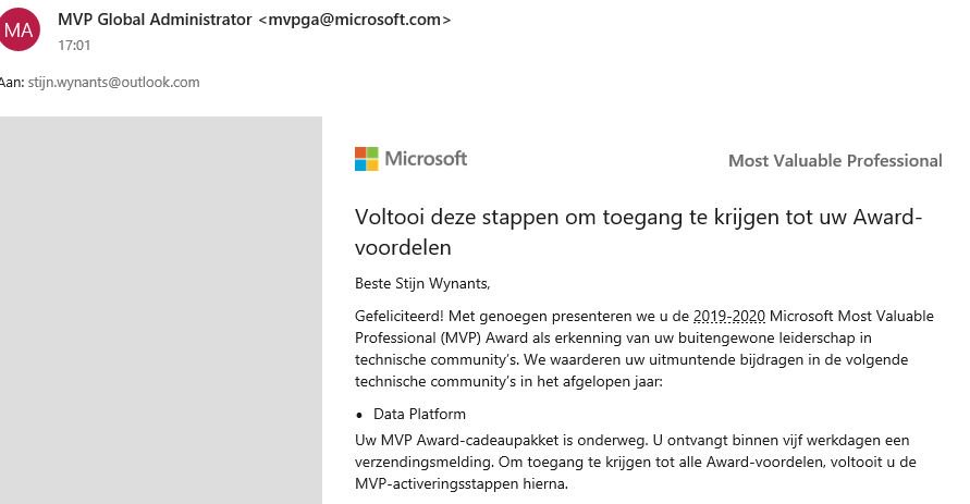 SQLStijn's tweet image. Totally unexpected, but very honored to have received my first Microsoft MVP Award today! Thank you for all the support! #mvpbuzz