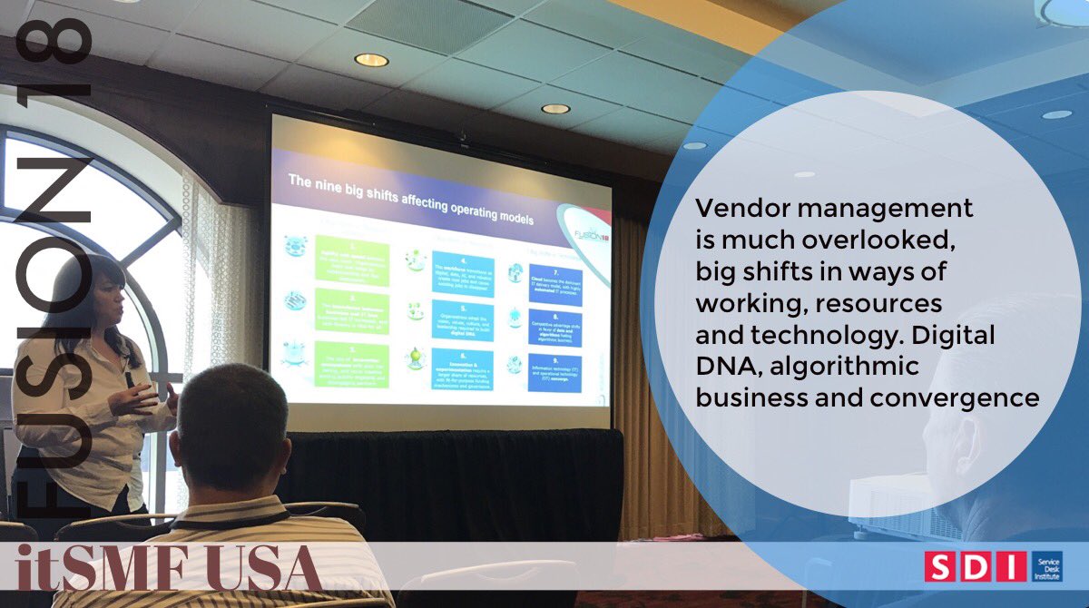 Dai_Wright's tweet image. #SMFusion #Fusion18 @AndieKis talking about evolution of vendor management, vendor management is becoming an after thought, #SIAM wasn’t a silver bullet #ITSM