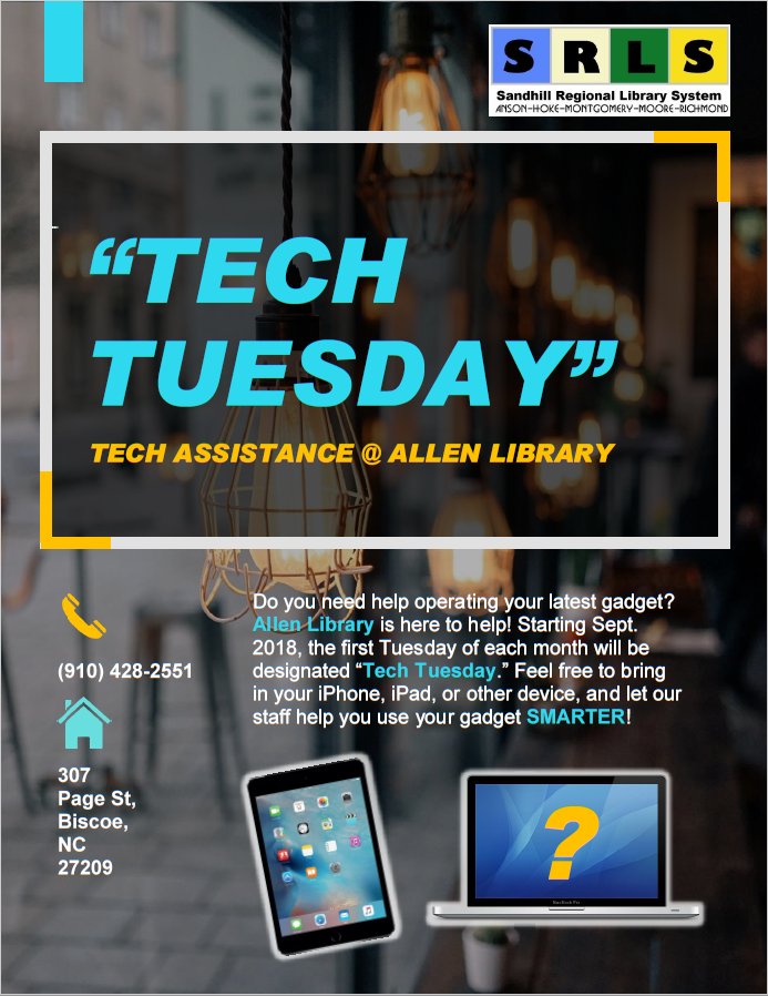 mcpl1965's tweet photo. Tomorrow is "Tech Tuesday" at the Allen Library!  Bring your device and your questions!  @townofbiscoe  #allenlibrary #townofbiscoe #montgomerycountypubliclibary #montgomerycountync #sandhillregionallibrary #publiclibrariesrock https://t.co/CyrJYe20NZ