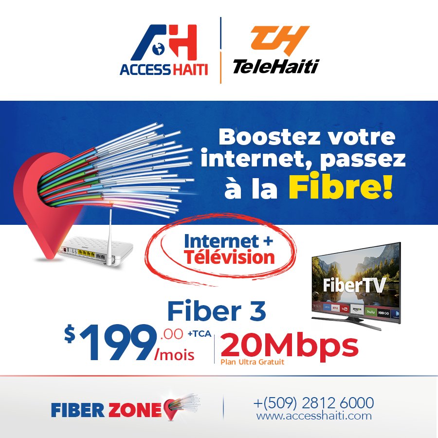 AccessHaiti1's tweet photo. Access Haiti augmente la vitesse de ses plans à plus de 100%  🚀 🚉Passez à la Fibre!
Fiber 3: $199 / mois + TCA  😍
Download: 20 Mbps 
ACCESS HAITI 
 📞 2812-6000 / 2998-6000 
https://t.co/Bqp1esRMQA / sales@accesshaiti.net
#FiberZone #FibreOptique #AccessHaitiFiberTV https://t.co/iwTYhDaZEK