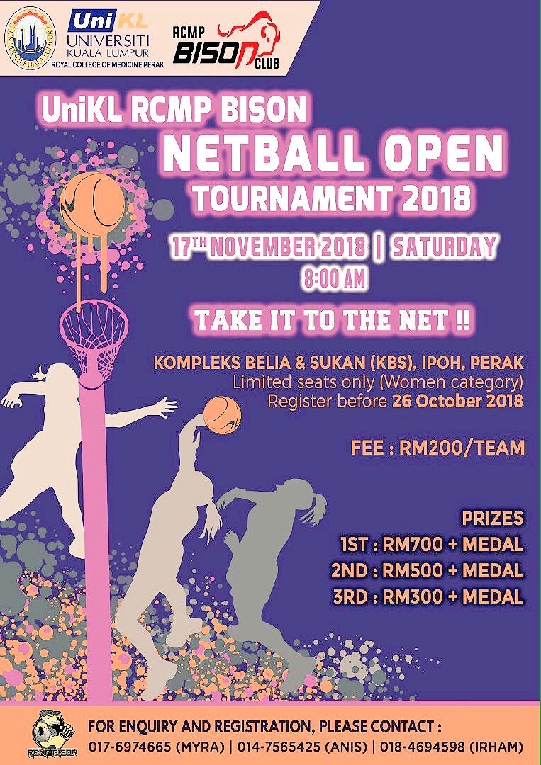 irham_izzuddin's tweet photo. Hello netballers!!
Grab a chance to participate in UniKL RCMP Netball Open 2018. Limited seats waiting. Hurry!! For any enquiries and registration can contact me at 018-469 4598 (Irham).
#rcmpnetballopen2018
#takeittothenet https://t.co/VM34SVc7IG