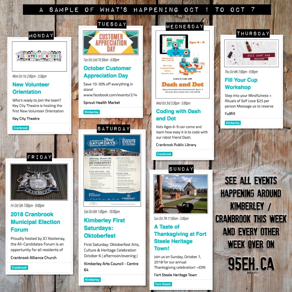 Hey hey it's Monday (it's also the 1st day of a new month, which feels extra Monday) so why not pop over to 95EH.CA for a fresh sampling of what's happening around #KimberleyBC / #CranbrookBC for the next 7 days + a bunch more?

👉 95eh.ca/blog/oct1-oct7