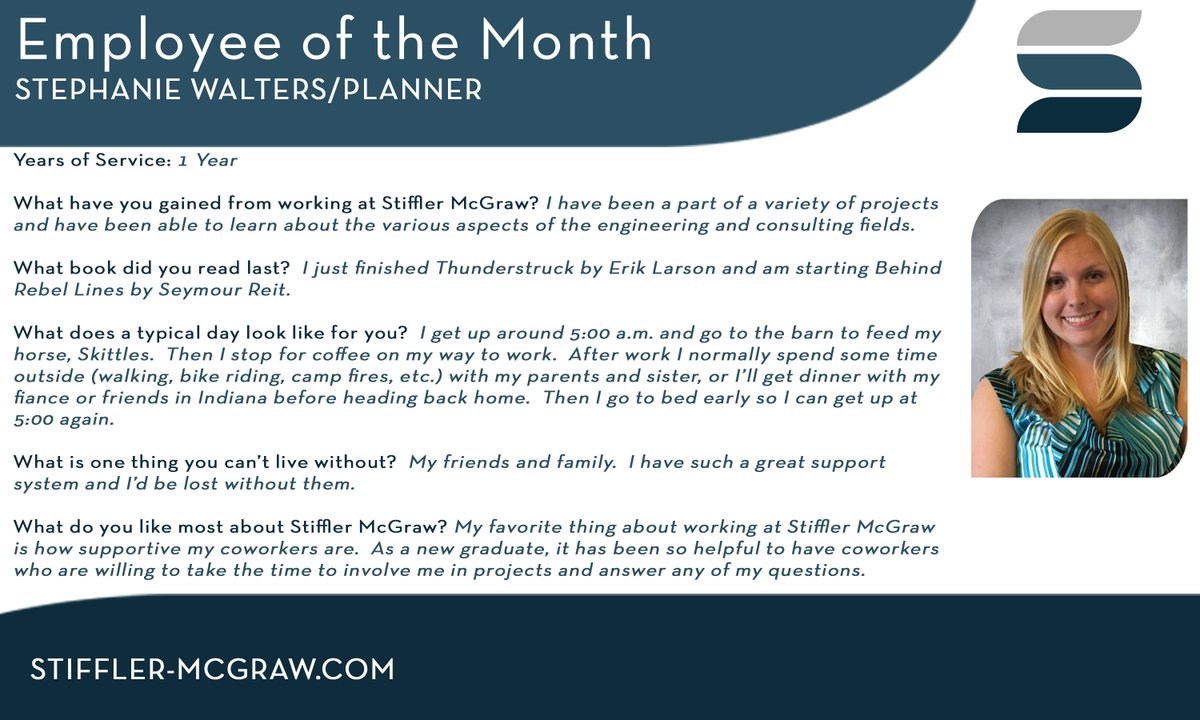 StifflerMcGraw's tweet photo. Stephanie Walters is our newest Employee of the Month. Although Stephanie hasn't been with the company very long she is doing a great job!  Thanks for all you do and keep up the good work! https://t.co/hPwZqT6mDu