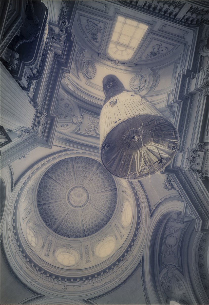 WomenInTheArts's tweet photo. Happy 60th @NASA! We're joining the #ArchivesHashtagParty with this pair of photos by Italian artist #GraziaToderi. Using digital techniques, she depicted a pair of #NASA's 1960s Gemini space capsules floating beneath the dome of a Baroque-era church. #ArchivesInSpace #NASA60th https://t.co/wHJO7J4JwF