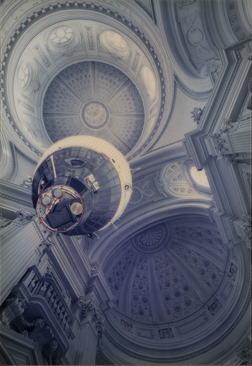 WomenInTheArts's tweet photo. Happy 60th @NASA! We're joining the #ArchivesHashtagParty with this pair of photos by Italian artist #GraziaToderi. Using digital techniques, she depicted a pair of #NASA's 1960s Gemini space capsules floating beneath the dome of a Baroque-era church. #ArchivesInSpace #NASA60th https://t.co/wHJO7J4JwF