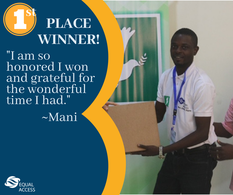 EqualAccessIntl's tweet photo. And the winner is...Mani! His project aims to use a utility app called the "Transcriber" which quickly informs youth about the benefits of peace through comedy, real-stories, &amp; captivating imagery. #EAIHackthon #peaceispossible #winner #techforgood @FararTattabara @EqualAccessNig https://t.co/W6COYyIalb