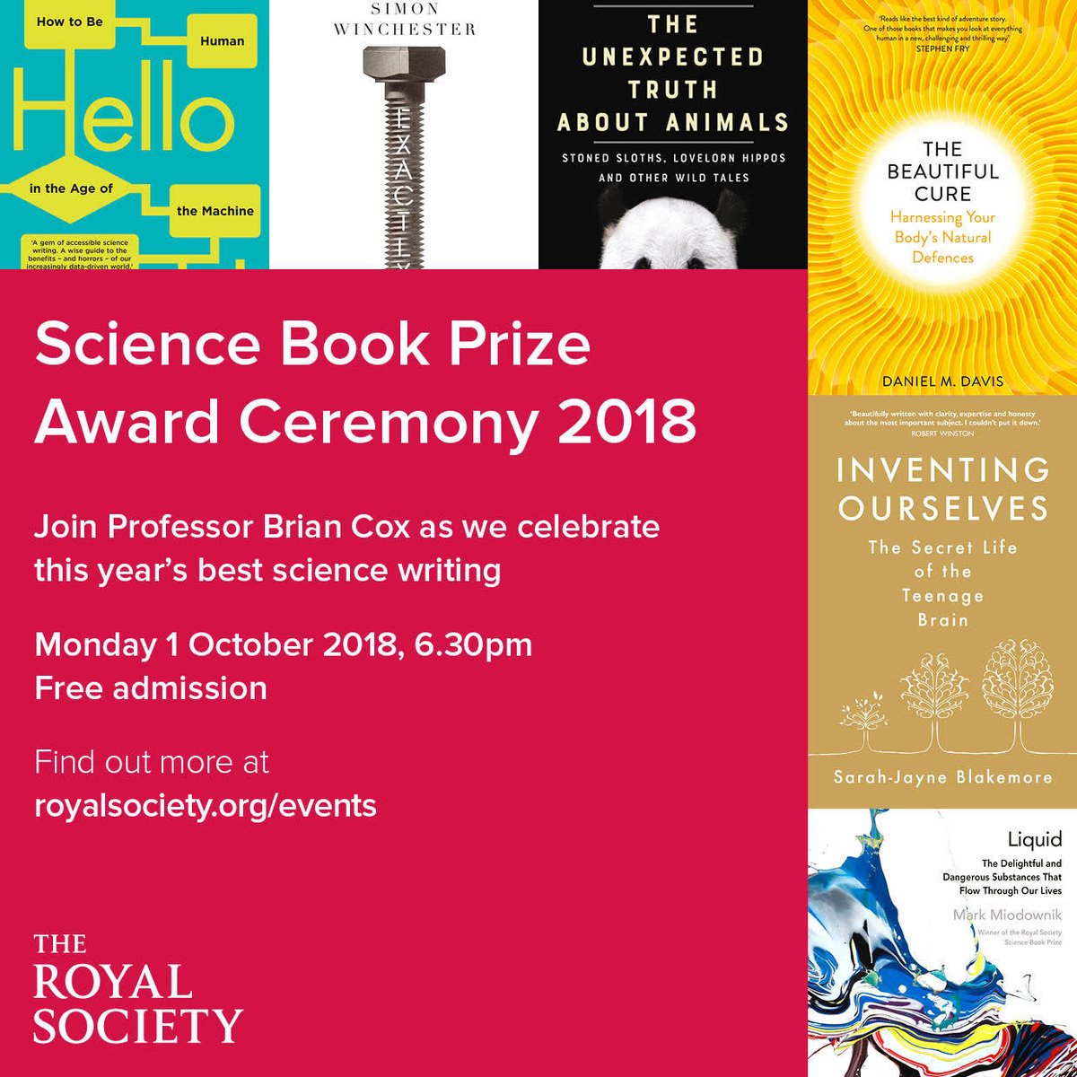 Join us live tonight to find out who has won this year's Royal Society Insight Investment Science Book Prize. ow.ly/fDU830m2Wex @ProfBrianCox, @royalsociety #scibooks