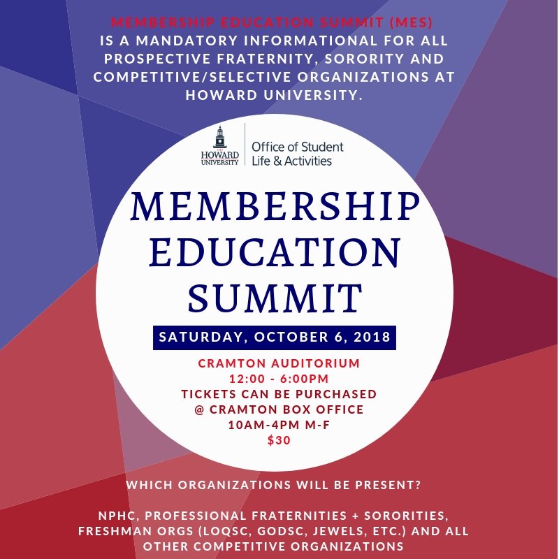 HUCampusLife's tweet image. Are you interested in joining a fraternity, sorority or any selective/ competitive organization at Howard? Then you MUST attend the Membership Education Summit this Saturday, October 6th. Tickets are $30 and on sale 10AM - 4PM M-F @ @HU_CRAMTON