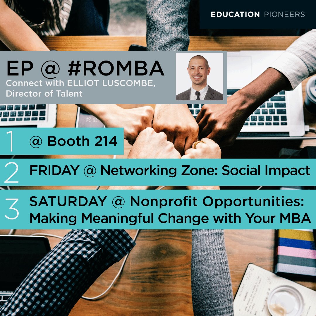 edpioneers's tweet image. If you're going to @ReachingOutMBA, let's connect! EP will be at booth 214 -- more opportunities to connect on Friday &amp;amp; Saturday too. #ROMBA Apply your skills to the education sector and use your #talenttotransform.