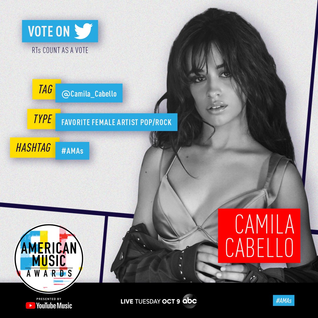 AMAs's tweet photo. .@Camila_Cabello will never be the same if she wins Favorite Female Artist Pop/Rock at the #AMAs. RT to let her know she's got your vote! https://t.co/wiQPbxIFcT