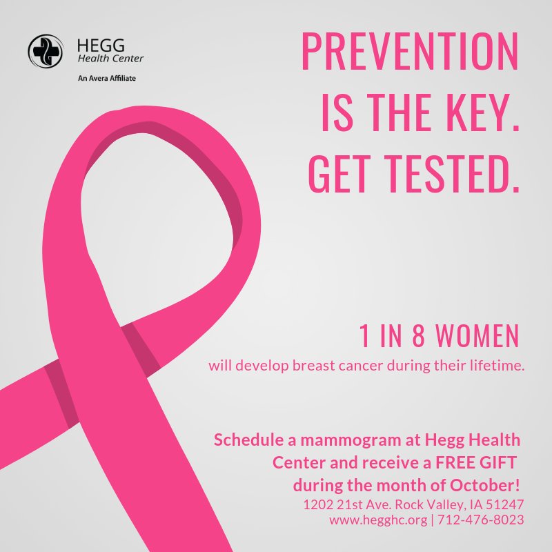 hegghc's tweet photo. It's #BreastCancer Month! You CAN reduce your risk of breast cancer. Prevention is KEY. Schedule your mammogram at Hegg Health Center today! https://t.co/Q6eRfHVv7L