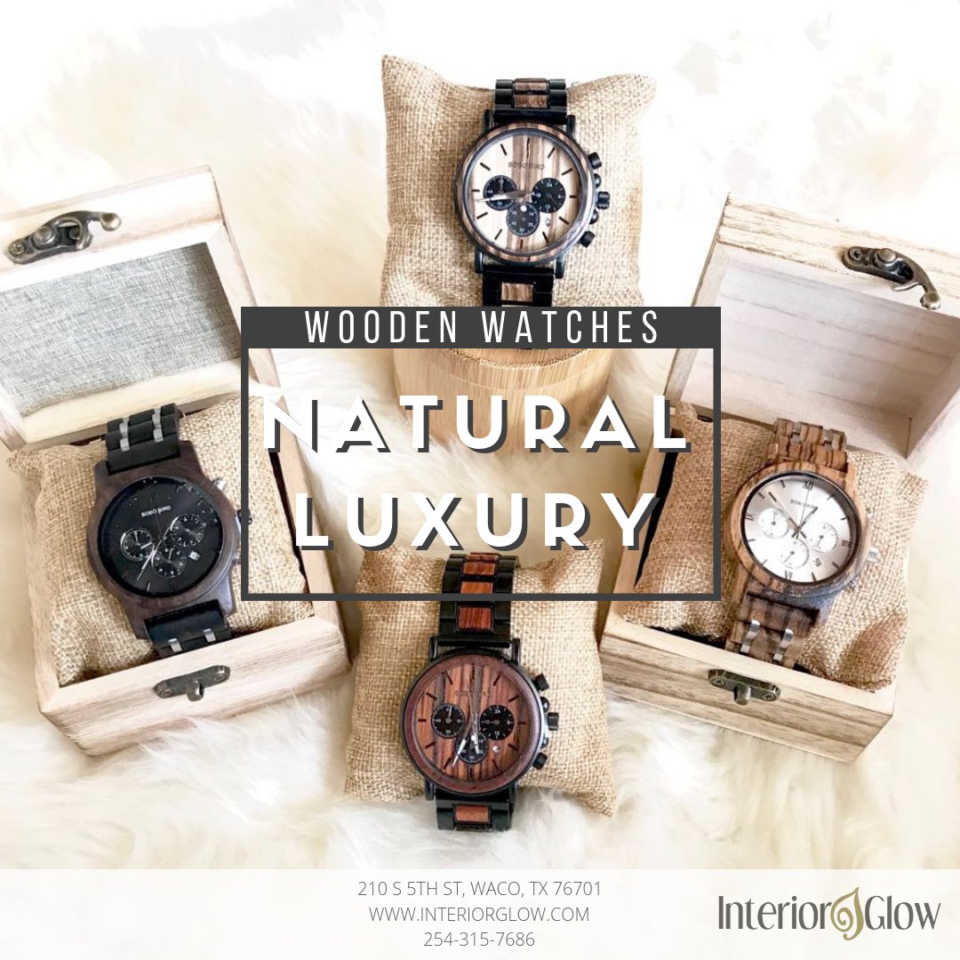 InteriorGlow's tweet photo. Our new collection of wooden watches has arrived! Our nature-inspired luxury timepieces are the perfect artifact to complement and complete your outfit! #InteriorGlow #Waco #Timepiece #Watch #NaturalLuxury #ShopLocal #Gifts https://t.co/mGuuG9YQg1