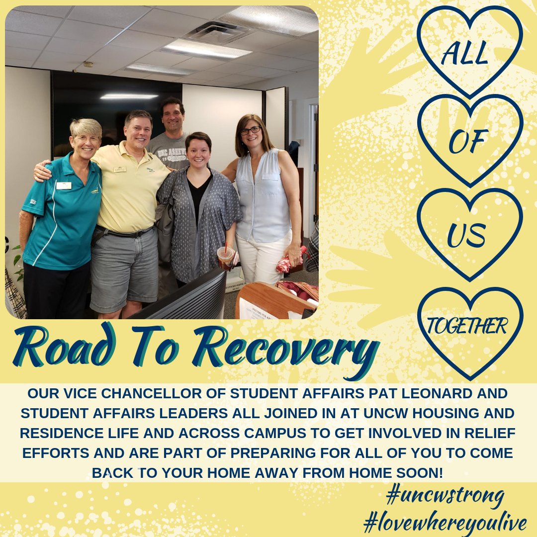 UNCWHRL's tweet photo. Our Vice-Chancellor of Student Affairs Pat Leonard and Student Affairs leaders all joined in at UNCW Housing & Residence Life and across campus to get involved in relief efforts and are part of preparing for all of you to come back to your home away from home soon! #uncwstrong https://t.co/f7OKQzsnOE