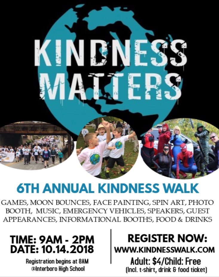 BAnUpstander's tweet photo. The 6th Annual Kindness Walk is coming up!  This is a free event for kids and only $4 for adults who want a shirt! This is a heavily attended event, lots of fun for the entire family!  Registration and more info can be found at https://t.co/c5MpBfAfiH https://t.co/RpRC1qUnEc