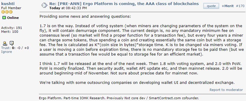 ergo_platform's tweet image. Update: Testnet 1.7 with demurrage component will be released next week, then 1.8 with voting system and 2.0 with PoW in November. Next, there will be a security audit and mainnet release.

#Scorex #SigmaLanguage #ZKProof #Privacy-by-design #SmartContracts #Blockchain #News $EFYT