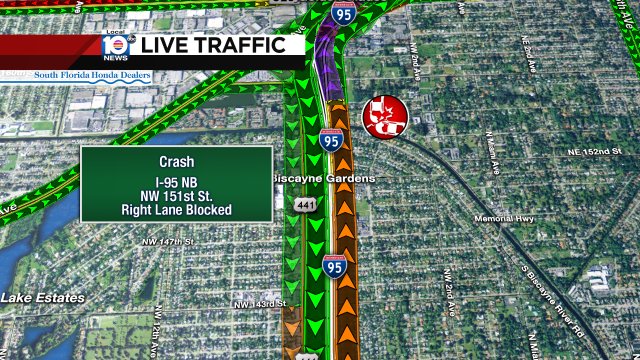 CRASH: I-95 NB & NW 151st St. A right lane is blocked and delays are building. #TRAFFIC #MIAMI https://t.co/iIS2qcXMa0