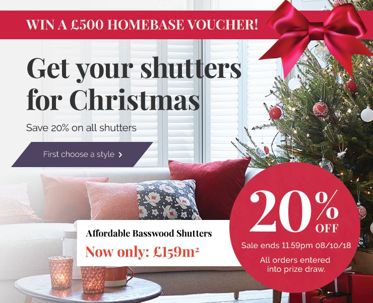DIYShuttersUK's tweet photo. Finish your renovation in time for Christmas with 20% off our DIY Shutters + the chance to win a £500 Homebase gift card! Order by 8th Oct https://t.co/LQ5mzeuTA4 https://t.co/fPDISMcHgw