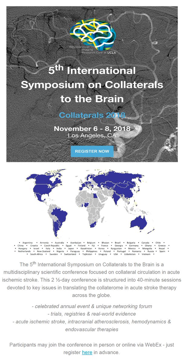 dliebesk's tweet photo. Join colleagues from > 50 countries, in Los Angeles or remotely via Webex, November 6-8, 2018! Participate in THE forum on collaterals and blood flow in stroke! https://t.co/hLxfglX7cs or email info@collateralperfusion.org
#Collaterals2018 #stroke #endovascular #imaging https://t.co/JstdhnE9fc