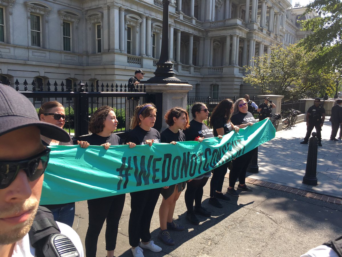 by_the_ppl's tweet photo. Thank you to the 7 women and survivors risking arrest to shut down the employee entrance to the White House to say #wedonotconsent https://t.co/zn57twzl6C