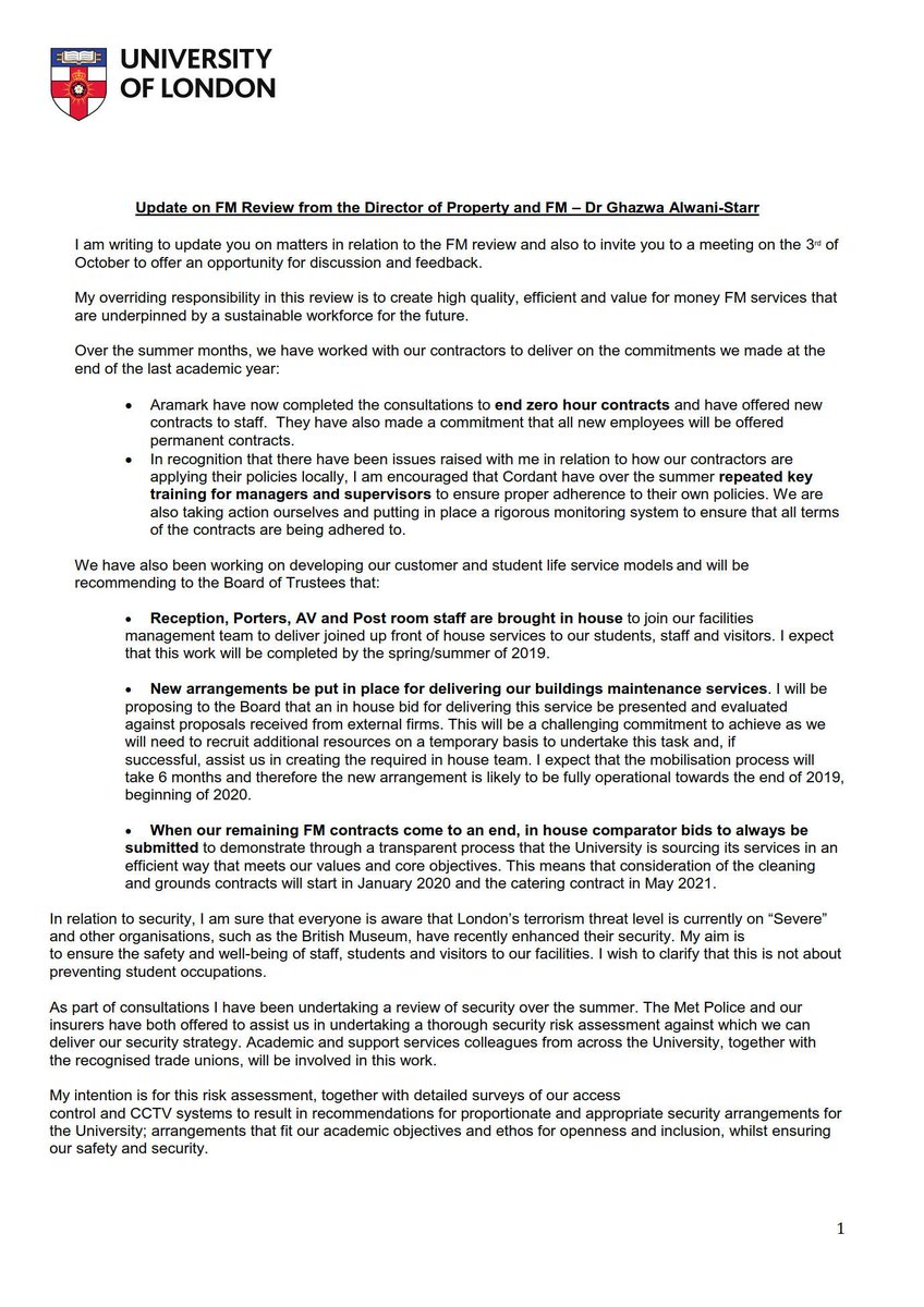 Today <a href="/UoLondon/">University of London</a> spat in the face of all its cleaners. Instead of promising to bring them in-house within 6 or 12 months (like Goldsmiths &amp; Kings) it said in the best case scenario they would wait until 2020! <a href="/IWGBunion/">IWGB</a> organiser  <a href="/Mellino/">Emiliano Mellino</a> wrote to the VC to say this is a disgrace