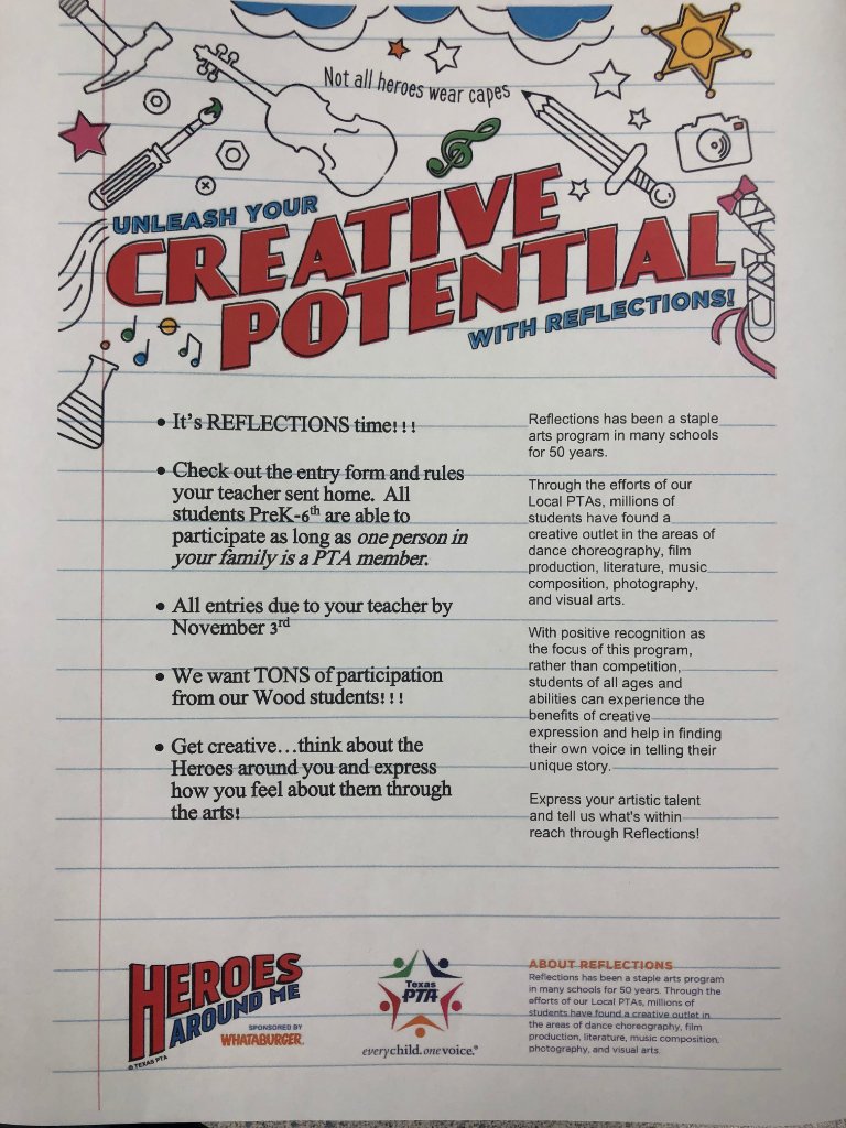 PTAWood's tweet photo. Reflections contest is coming up! How can you express the Heroes around you through the arts? https://t.co/1S8lutEfCh