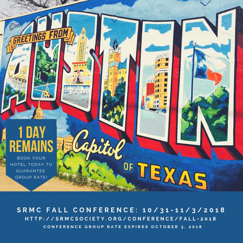 srmcsociety's tweet photo. 1 DAY remains to reserve your hotel room at the group rate. Our host hotel @TheDriskill has some beautiful rooms waiting for you.
Reserve your room here: https://t.co/kbbeBtruca
#srmcfall2018 #AustinTx https://t.co/zHzCSBpoNA