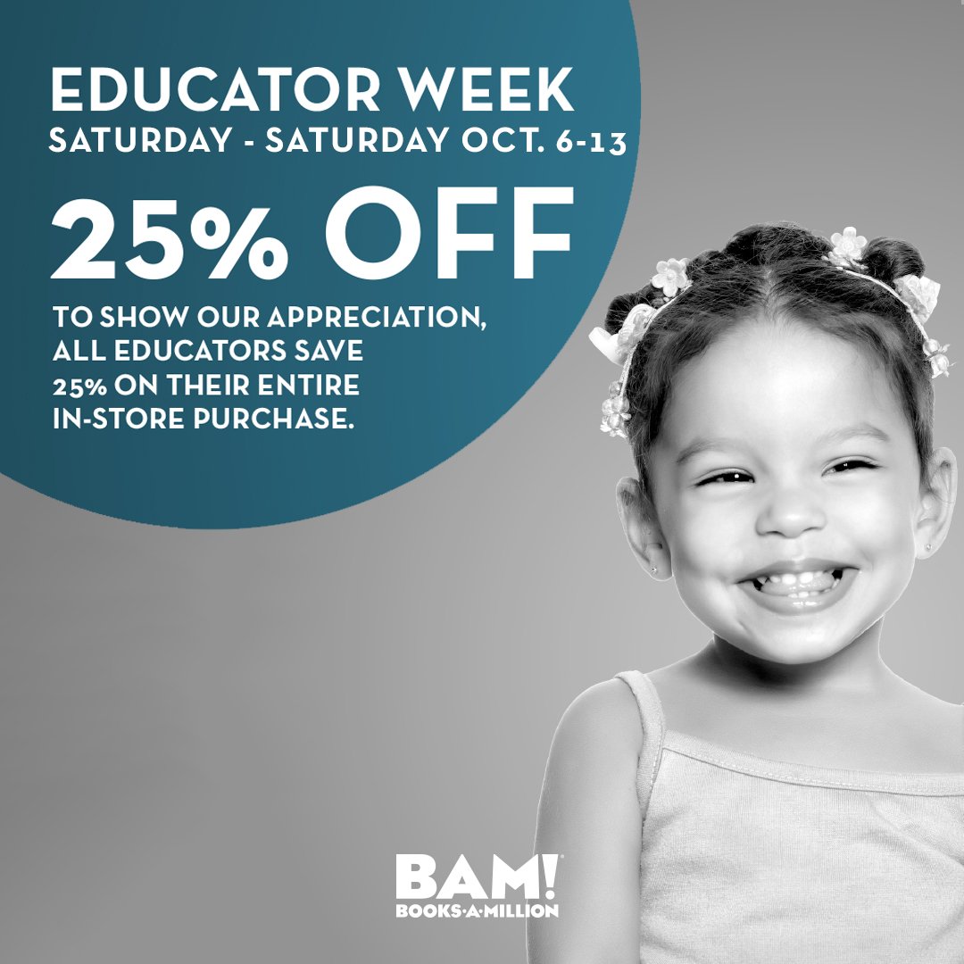 booksamillion's tweet photo. Books-A-Million loves educators! It’s once again time for teachers to save 25% between Oct. 6-13! See an associate to register for a BAM! Educator Card to take full advantage of #EducatorWeek! https://t.co/XH9Q2XZ9wb