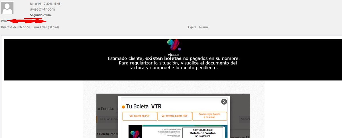 juaanedua's tweet photo. @VTRChile revisar, me llegan correos de cobros a nombre de VTR Correo: aviso@vtr.com es virus??? https://t.co/oM29NkGV2G