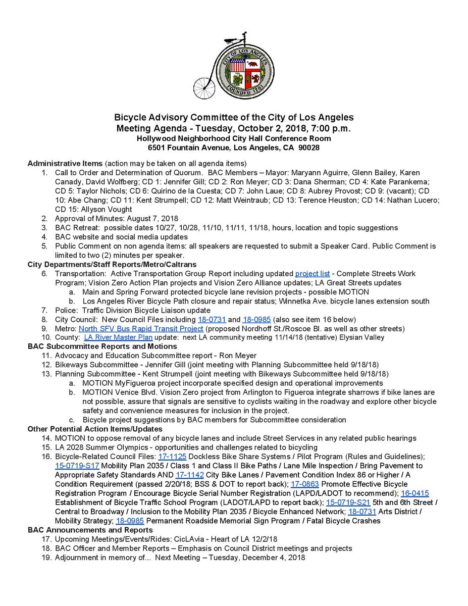 BicycleLACity's tweet photo. LA City Bicycle Advisory Committee meets Tuesday 10/2/18, 7 pm at Hollywood City Hall Community Room, 6501 Fountain Ave.  Consideration of @LADOTBikeProg  bicycle projects, @VisionZeroLA updates + more.  Agenda attached.  Your participation is encouraged! https://t.co/3xyvU87HSH