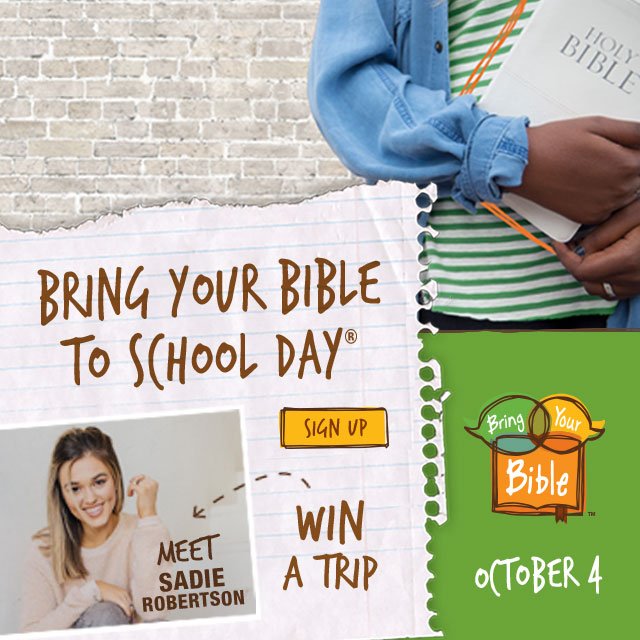 More than half a million students are going to put their God-given freedoms into practice &amp; share His truth on  Oct. 4, #BringYourBible to School Day. ❤️
Join the movement and get a chance to win a trip for 4 to meet <a href="/sadierob/">Sadie Robertson Huff</a> in person! Learn more here: bit.ly/2Rgu2Q4