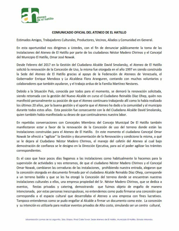 COMUNICATE1's tweet photo. 1/2 @ElHatillo @eliasayegh @ElNacionalWeb @ateneodecaracas @NotiHatillo @HatilloTips @traficohatillo @omarnowak @AteneoHatillo @ReinaldoDiazO @HatilloLibre #niunguisomas
#apoyamosalalcaldedeelhatillo https://t.co/Fp0SlIJix2