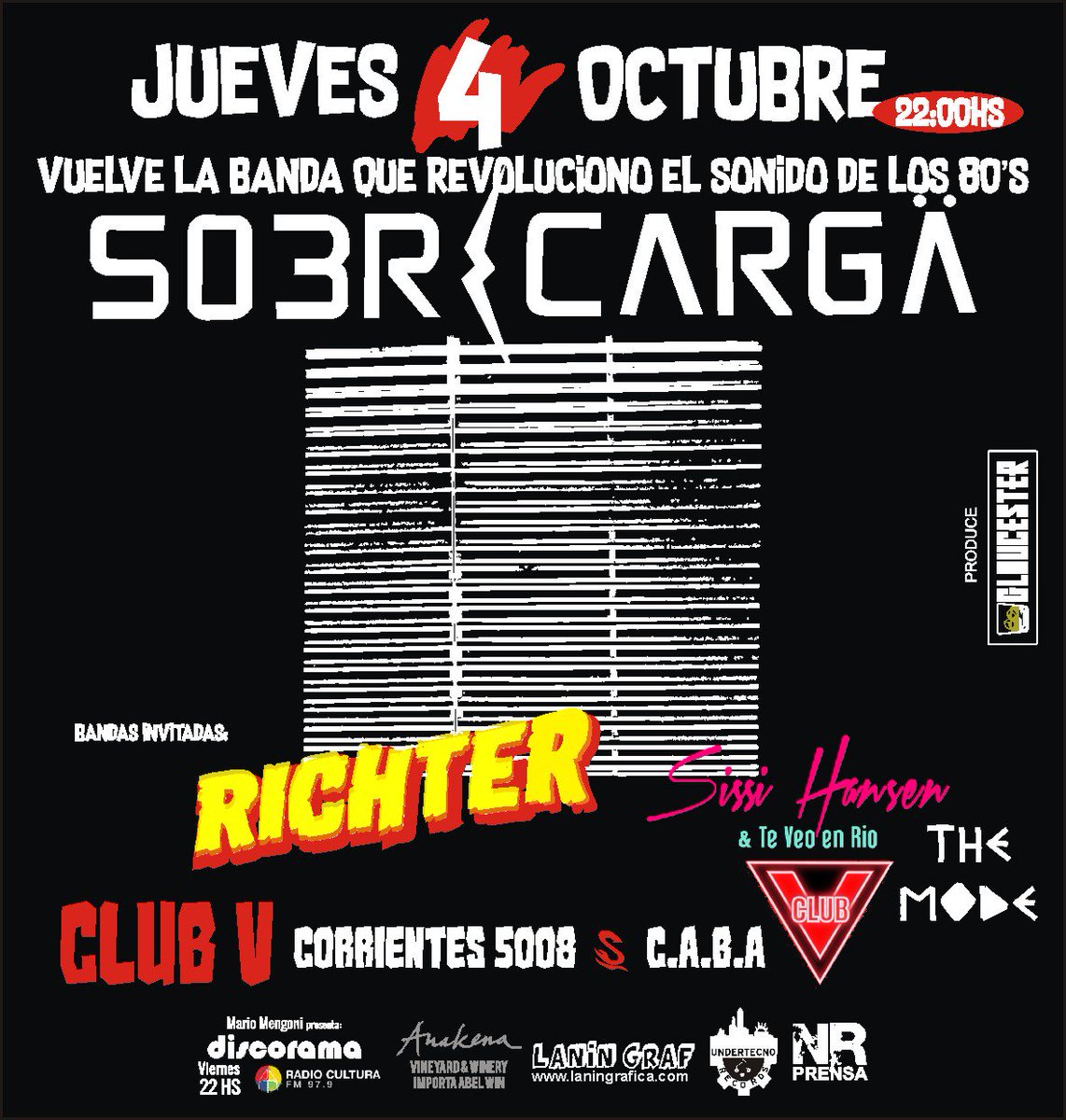 Este Jueves VUELVE LA SOBRECARGA!!! EN CABA
Club V - Bandas Invitadas: Richter, Sissi Hansen y The Mode.