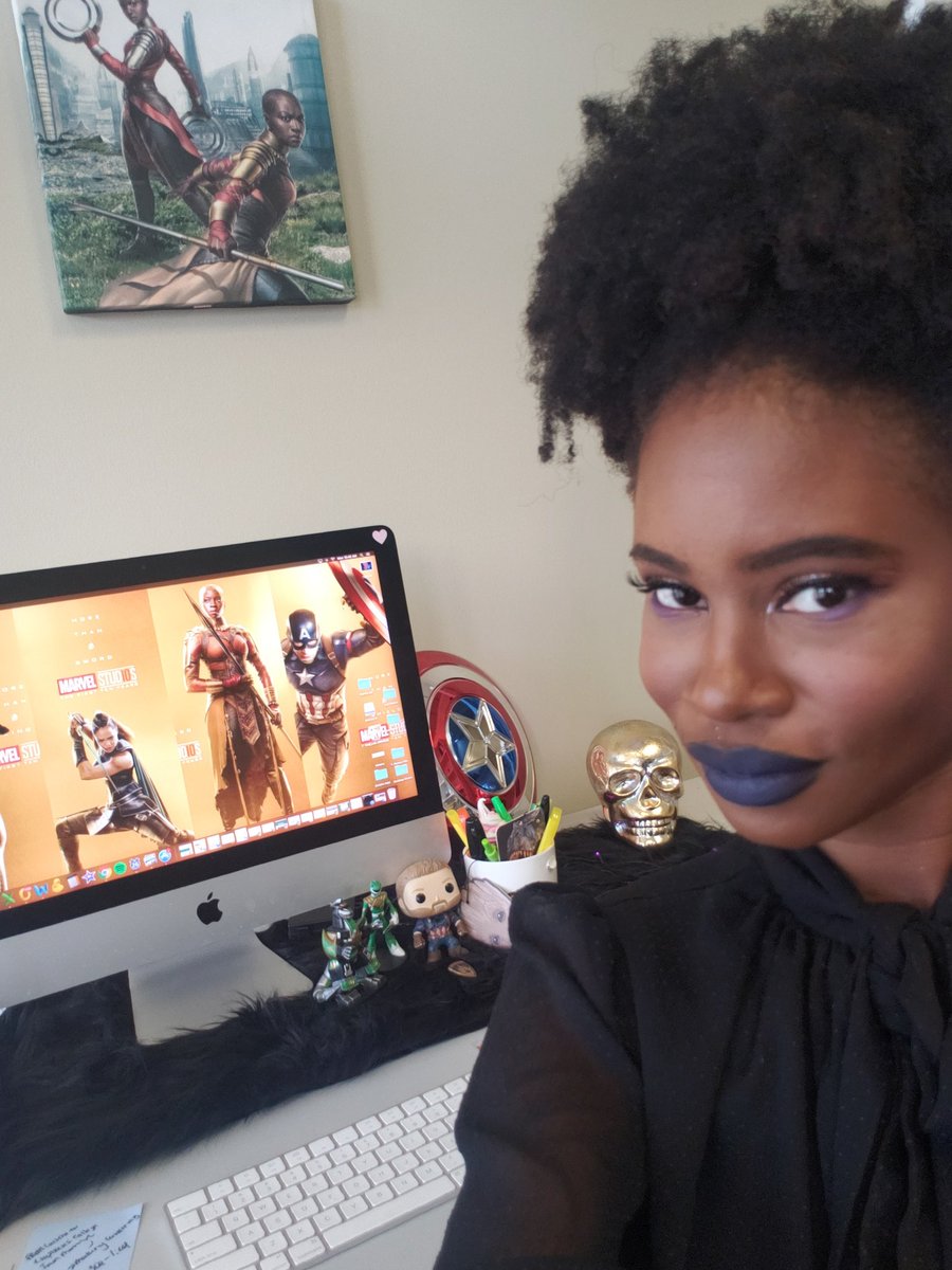 alamanecer's tweet photo. When it's Spooky Season so the skulls &amp; black fur have to match your #Marvel10 office theme 😂

lips: #UNINVITED (applied questionably) https://t.co/tYSYdAWYgm
