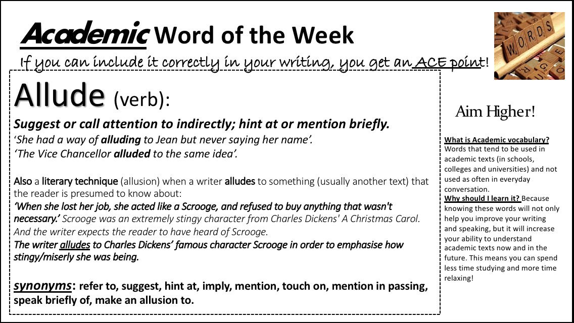 LHS_EnglishDept's tweet photo. Word of the Week and the new ‘Academic’ Word of the Week 🌟🌟🌟 #lenitive #allude #WOW #LHS #aimhigher @MrsHazReesLHS https://t.co/Kgelybqgc9