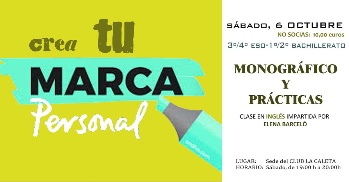 club_lacaleta's tweet photo. Este sábado 6 de octubre ven al #ClubLaCaleta y crea tu marca personal. #2beyourself #woman #málaga https://t.co/85CteP8JyA