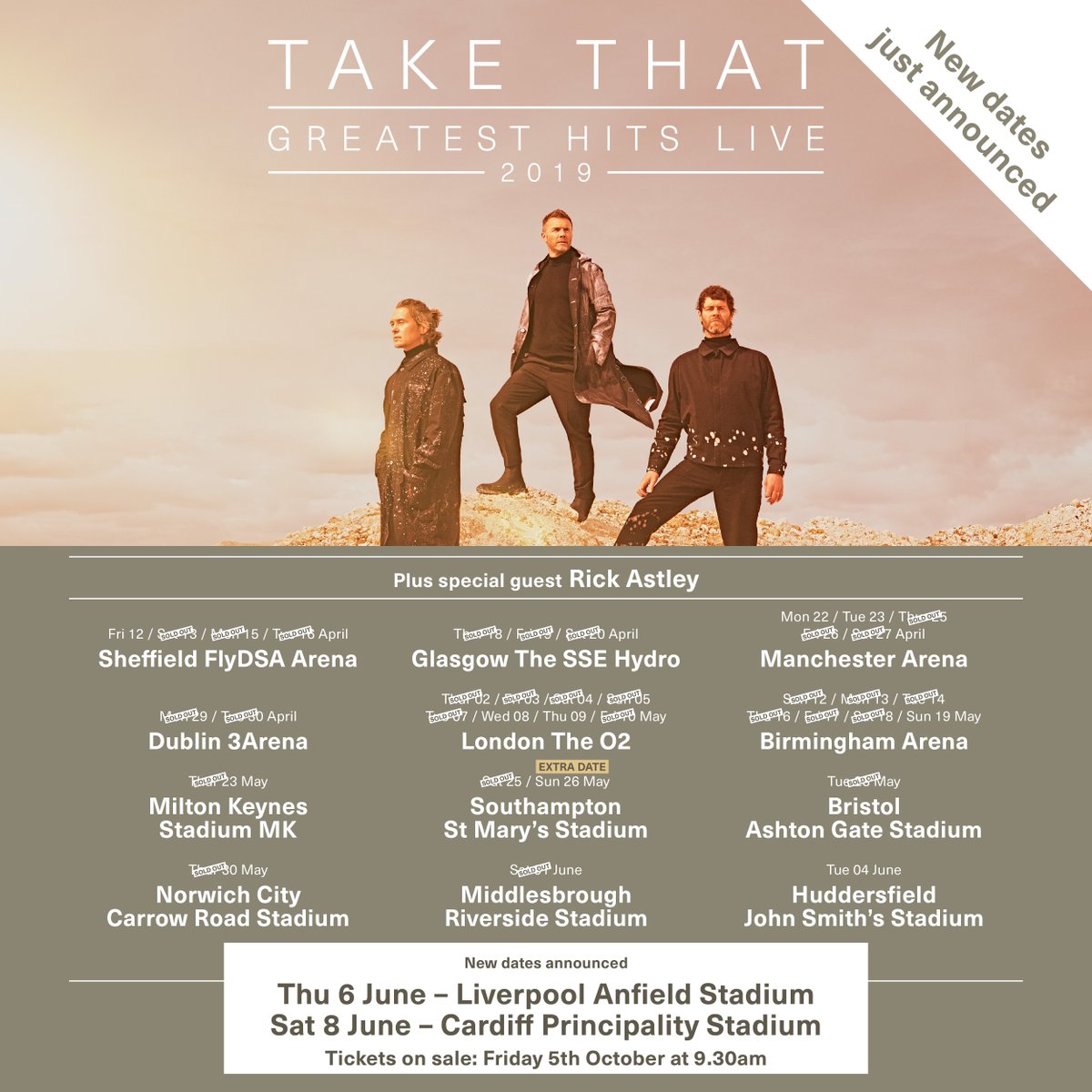 takethat's tweet photo. How could we forget about Liverpool 🙊😜 We're VERY excited to announce the first concert at Anfield Stadium in 10 years! We're coming on June 6th! Tickets go on sale this Friday, October 5th at 9:30am 👀 #TT30 https://t.co/qgyOJ0sELk
